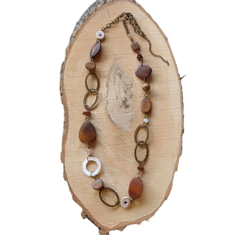 Wood Metal Stone Statement Necklace
